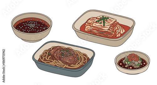 Comprehensive set of various Korean side dishes or banchan including spicy kimchi, savory noodles, and flavorful dipping sauces.