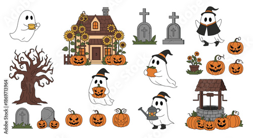 Detailed Halloween icons collection featuring various cute ghosts, carved pumpkins, a spooky tree, and an old haunted farmhouse.