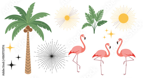Tropical elements set features palm tree with coconuts, pink flamingos, yellow sun icons, and sparkling stars for summer design projects.