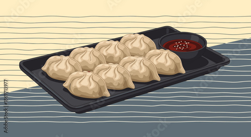 Delicious plate of steamed dumplings served with red spicy dipping sauce on a dark rectangular tray against a textured background.
