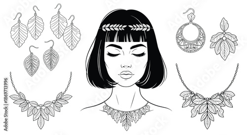 Beautiful female character illustration set with various leaf themed jewelry including earrings, necklaces, and a leafy headband.