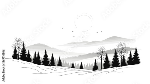 Monochrome winter landscape with snow-covered hills, evergreen trees, and distant mountains under a stylized sun.