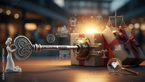 A magical scene with a large key unlocking a gift box with a red ribbon and a white statue in a blurred background with icons