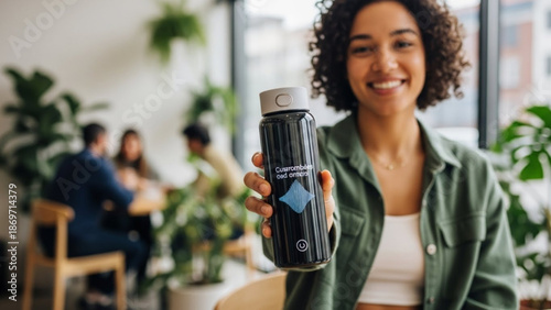 Smiling young woman holding a reusable water bottle in a casual coffee shop setting with friends in the background