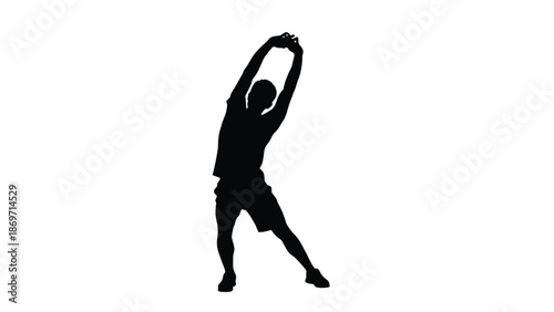 Silhouette of an athlete performing a full body stretch with arms extended overhead in preparation for intense physical activity or cool down after a workout