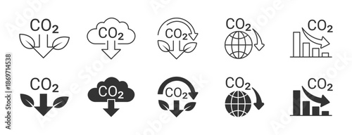CO2 emission icon set, . CO2 icon . Reduce co2 gas icon set. Reduction cloud sign. CO2 reduction signs. vector illustration .
