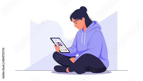 Young Woman Video Calling on Tablet Computer, Sitting Cross-legged