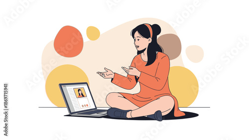 Young woman communicating via video call on laptop, sitting cross-legged, abstract background