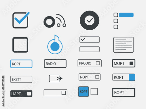 Flat design UIUX elements set featuring blue and dark gray checkboxes radio buttons text fields and icons.