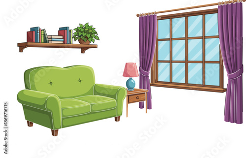Cozy Living Room Interior Vector with Green Sofa, Window Curtains, Wall Shelf, Books, Lamp, and Home Decor Furniture Elements Illustration