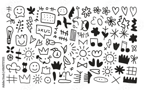 collection of various kitchen utensils and dishes, food , drink icons,  cute cartoon style illustration, various lighting, fixtures ,decorative items, hand drawn doodle design