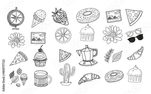 collection of various kitchen utensils and dishes, food , drink icons,  cute cartoon style illustration, various lighting, fixtures ,decorative items, hand drawn doodle design