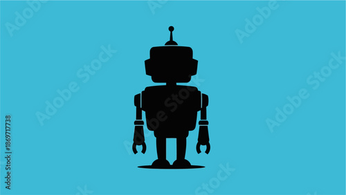 A black silhouette of a robot with a simple design stands on a bright blue background with a small antenna on its head and mechanical limbs with graphic