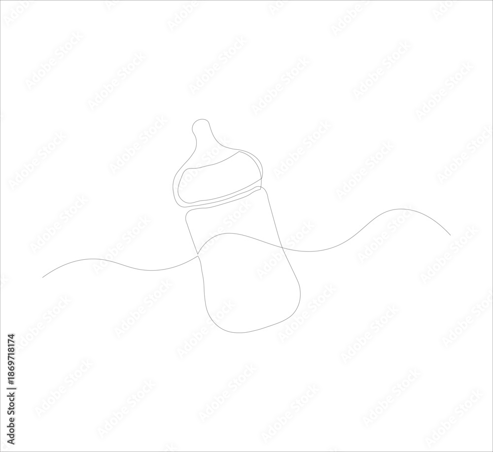 Obraz premium Milk bottle for child drawn in one continuous line on white background. One line drawing, minimalist. Editable vector illustration