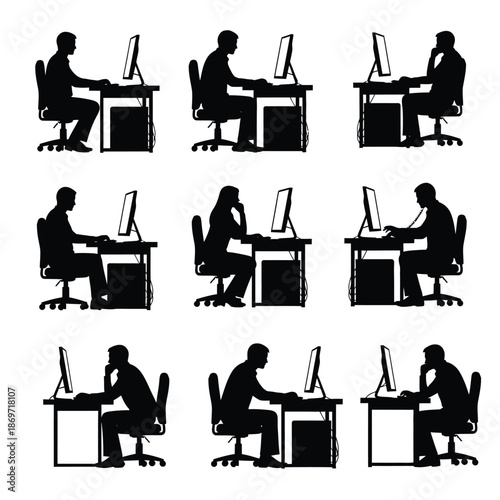 Silhouetted office workers at their desks with computers in a grid layout viewed from the side