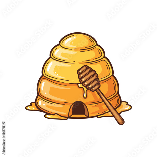 A cartoon illustration of a golden beehive with honey dripping out, next to a wooden honey dipper.