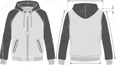 Two-tone hooded sweatshirt technical sketch, front and back view, zip pockets, drawstring hood, garment measurement layout - flat vector illustration