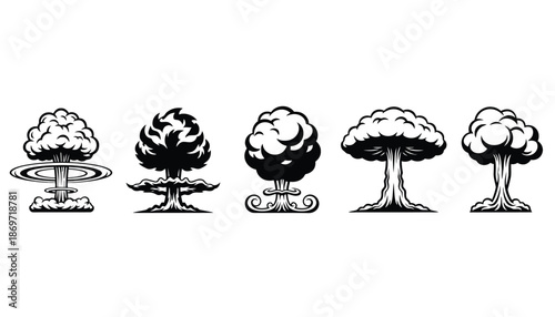 A set of five different mushroom cloud illustrations in black and white