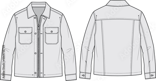 Denim jacket technical sketch, front and back view, chest pockets, button closure, seam detail, yoke design - flat vector illustration