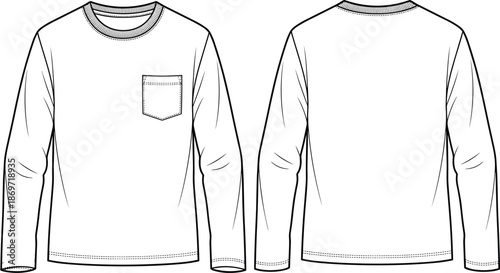Long-sleeve crew neck shirt technical sketch, front and back view, chest pocket, stitching detail, casual design - flat vector illustration