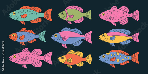 Colorful sardines doodle collection on black background, hand drawn neon line art fish with decorative patterns, playful marine elements, seafood illustration for kids design, wrapping paper