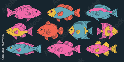 Colorful sardines doodle collection on black background, hand drawn neon line art fish with decorative patterns, playful marine elements, seafood illustration for kids design, wrapping paper