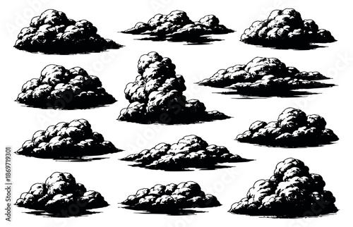Hand drawn line art clouds set featuring various shapes and stormy textures for weather and nature concepts