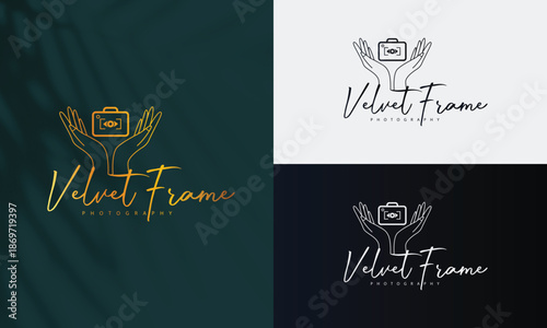 Elegant Photography Logo with Camera and Hands Line Art Design