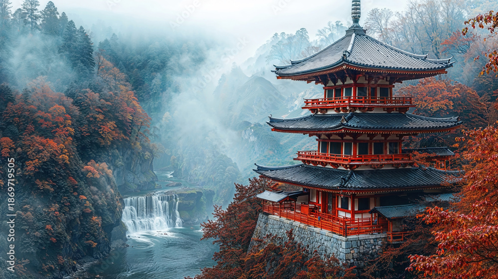 custom made wallpaper toronto digitalTraditional Japanese pagoda perched on autumn hillside with misty forest waterfall in background view