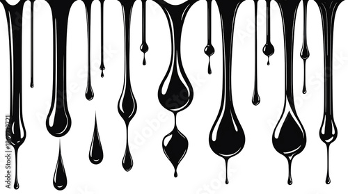 Abstract Dripping Liquids Illustration Set  Black Drips on Transparent Background