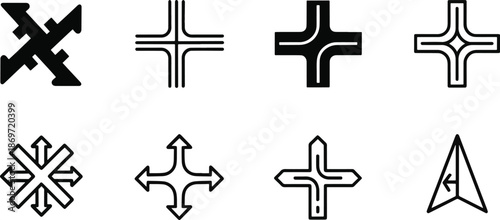 Minimalist Abstract Directional Cross and Arrow Vector Icons Set