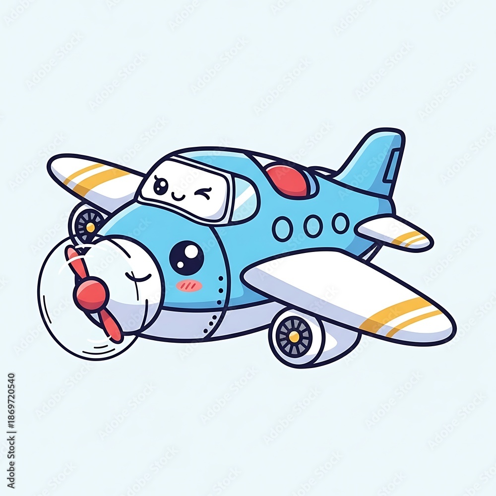 Naklejka premium Cute cartoon airplane with smiling face.