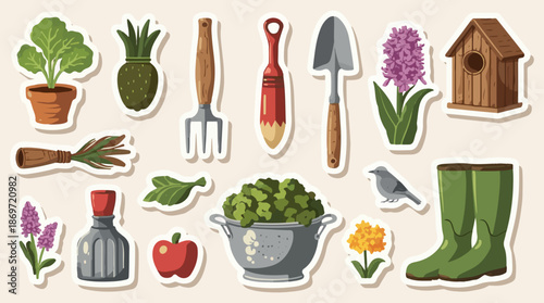 Vector Template set sticker garden tools,Country farm gardening background, Farmhouse tools,vegetable,rusty element,birdhouse,hyacinth flower pot and more element 