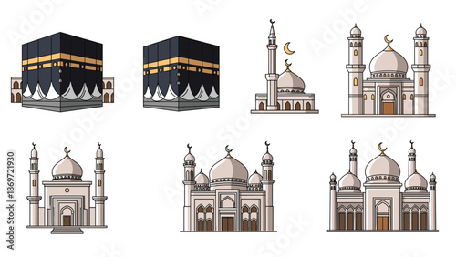 Set of Islamic religious landmarks and mosque vector illustrations