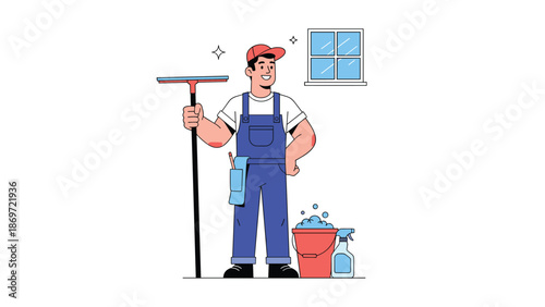 Professional window cleaner with equipment vector illustration