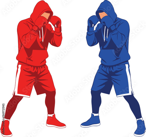Boxing match illustration, red vs blue fighters, hoodie athletes, sports rivalry, combat stance, vector art, flat vector illustration