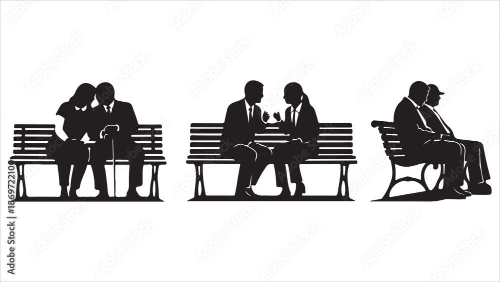Fototapeta premium People silhouettes sitting on park benches over white background vector