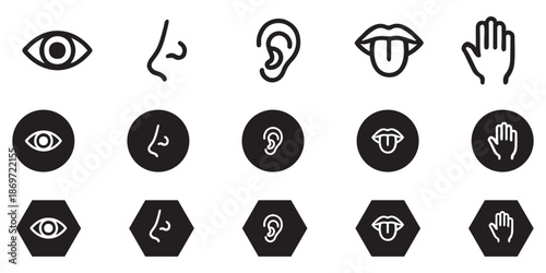Human senses icon set. Vision eye, smell nose, hearing ear, touch hand, taste mouth with tongue. Simple line icons and black circle. Five senses of human nervous system. Vector illustration.