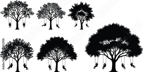 Tree swing silhouette set, black vector trees, children swinging, playful nature scene, outdoor fun, flat vector illustration