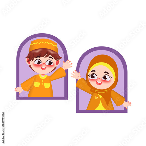 Cute Muslim Kids Character Waving Hands from Window Illustration