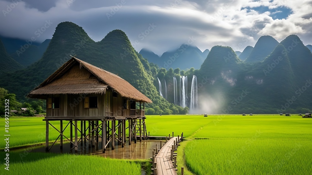 Fototapeta premium Traditional wooden stilt house in lush green rice fields with waterfall and karst mountains backdrop