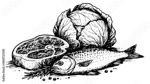 Hand drawn line art food set featuring steak, fish, and cabbage with rosemary and peppercorns for healthy eating concepts