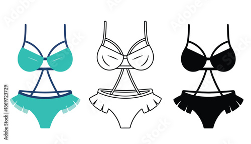 A set of colorful bikini illustrations in different styles and colors