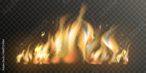 Realistic fire background. Bright burning flames. Fire for design, flames, fiery combustion.