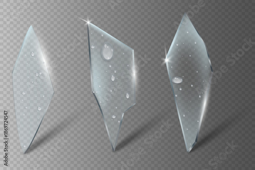 A set of realistic transparent glass shards with sharp edges, glare, light reflections and water drops.