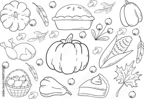 Autumn traditional food icon, thanksgiving day holiday table hand drawn doodle line illustration set. Harvest fall pumpkin, celebration turkey, dessert pie, November eatery design element. Autumn food