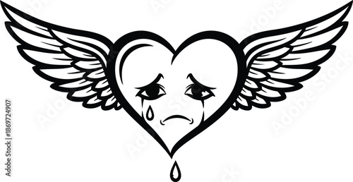 Sad heart silhouette with wings and tears a symbol of sorrow and longing