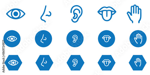 Human senses icon set. Vision eye, smell nose, hearing ear, touch hand, taste mouth with tongue. Simple line icons and black circle. Five senses of human nervous system. Vector illustration.