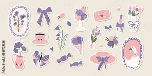 Fashionable vintage flirty set of stickers for sketchbook, notebooks, postcards, invitations, collages. Vector illustration .