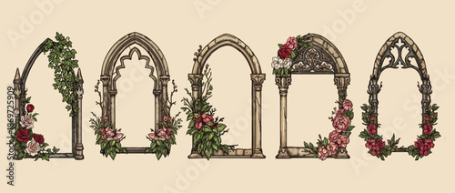 Gothic window frame vector set, hand drawn medieval cloister arch borders with floral vines and flowers, vintage fantasy castle portal design for wedding invitations, stationery and decorative prints